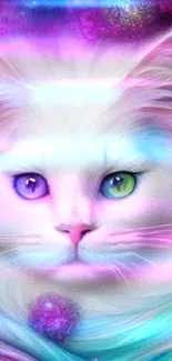 Vibrant and mystical cat fantasy wallpaper with colorful details.