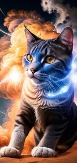 Fantasy cat with swirling lights and vibrant colors in a mystical setting.