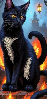 Black cat in a fiery fantasy scene with gothic architecture.