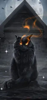 Fantasy wallpaper of a mystical cat with glowing eyes and a moonlit cabin backdrop.