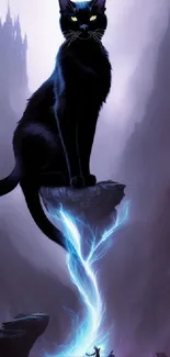 Fantasy wallpaper with a giant black cat and magical landscape.