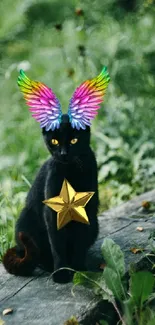 Black cat with rainbow wings and star in a forest.