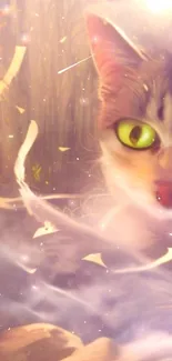 Ethereal fantasy cat with green eyes in a mystical, dreamy setting.