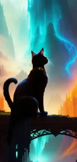 Mystical cat silhouette with vibrant fantasy landscape.