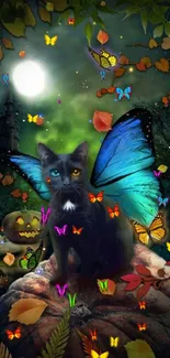 Mystical cat with butterfly wings amidst pumpkins and autumn leaves at night.