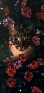 Cat with heterochromatic eyes surrounded by dark, vibrant flowers.