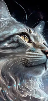 Majestic cat with starry galaxy background wallpaper.