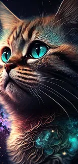 A cat with blue eyes gazes into a vibrant galaxy backdrop.