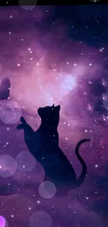 Space-themed wallpaper with a cat silhouette and purple galaxy.