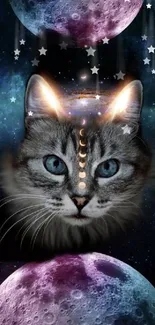 A mystical cat with blue eyes amidst a galaxy backdrop with moons.