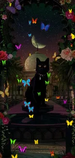 Mystical garden wallpaper with a black cat and crescent moon.