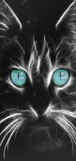 Mystical glowing cat with turquoise eyes on black background.