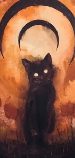 Mystical black cat with glowing eyes surrounded by fiery orange hues.