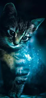 Enchanting cat in blue light wallpaper, perfect for mobile.