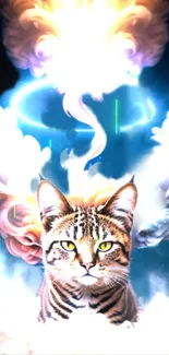 Majestic cat in vibrant cosmic clouds with glowing aura.