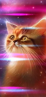 Ethereal cat in a vibrant cosmic nebula with bright crimson hues.