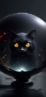 Mystical black cat in a crystal ball with glowing eyes, set on a dark background.