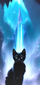 A mystical black cat sits in an enchanted glowing cave of vibrant cyan hues.