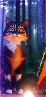 Mystical cat glowing in enchanted forest with a cosmic touch.