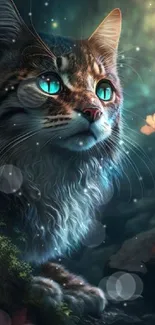 A mystical cat with blue eyes in an enchanted, illuminated forest with butterflies.