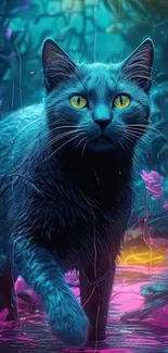 Mystical cat exploring a vibrant, enchanted forest with lush colors.