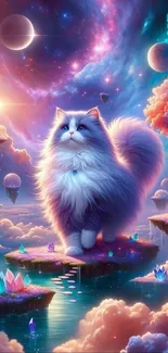 A fluffy cat in a vibrant, mystical fantasy landscape with crystals and celestial skies.