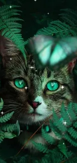 A mystical cat hidden among lush green ferns with teal eyes and a butterfly.