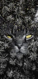 Cat face emerges from dark, intricate foliage with striking yellow eyes.