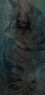 Mystical tabby cat with a forest backdrop on mobile wallpaper.