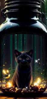 Black cat inside a glowing jar, forest background.