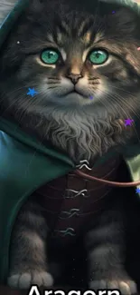 Cat in a green cloak with glowing eyes on a dark fantasy background.