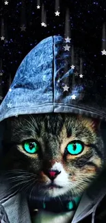 Mystical hooded cat with green eyes on starry background.