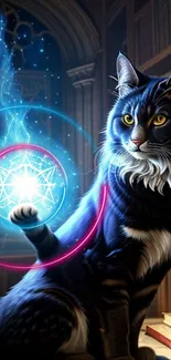 Magical cat with blue aura casting spells in a library.