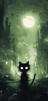 Mystical black cat in a moonlit, dark green forest wallpaper.