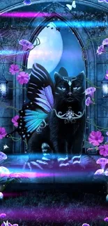 Enchanting black cat with butterfly wings in a moonlit, floral garden.