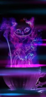 Neon mystical cat emerging from a teacup in vibrant purple light.