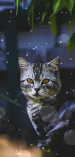 Mystical cat in a night garden with sparkling orbs around.