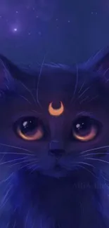 Mystical cat with moon in a dreamy purple night sky.