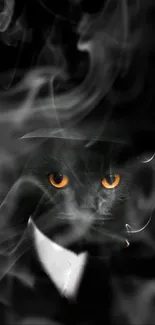 Enigmatic black cat with glowing eyes surrounded by artistic smoke design.