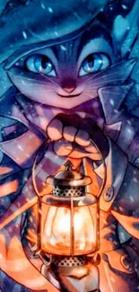 Mystical cat holding a lantern with glowing blue and orange hues.