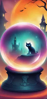 Mystical cat in a glowing magic ball with a Halloween castle backdrop.