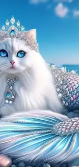 Enchanting mermaid cat with jewels by the ocean.