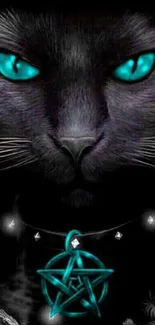 Mystical cat wallpaper with glowing turquoise eyes on a dark background.