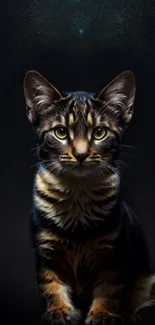 Mystical cat with striking eyes on dark mobile wallpaper.