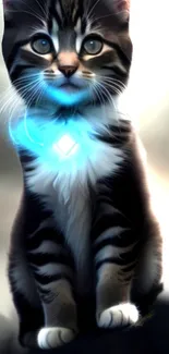 Mystical cat with glowing blue collar on a gray background.