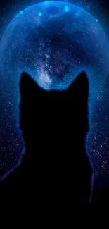 Cat silhouette against a cosmic moonlit night sky with stars.