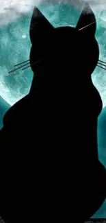 Silhouette of a cat against a moonlit teal sky.