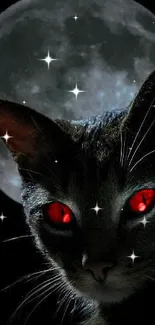 Mysterious cat with glowing eyes in front of a full moon.