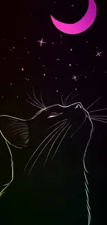 Silhouette of a cat gazing at a purple crescent moon with stars.