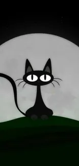 Black cat with large eyes under a mystical full moon.